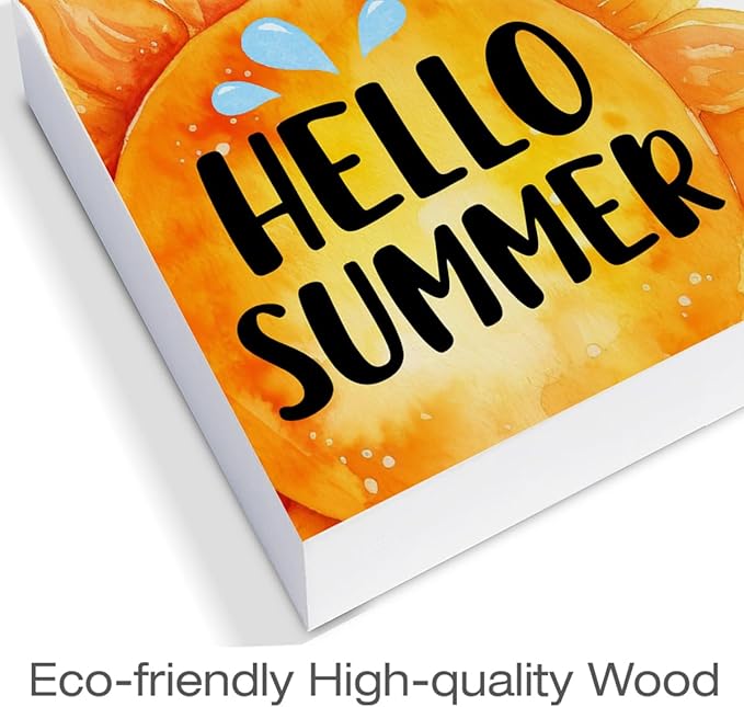 Hello Summer Decor Sun Wood Block Sign Farmhouse Summer Decorations for Home Desk Table Shelf 5 x 5 Inches