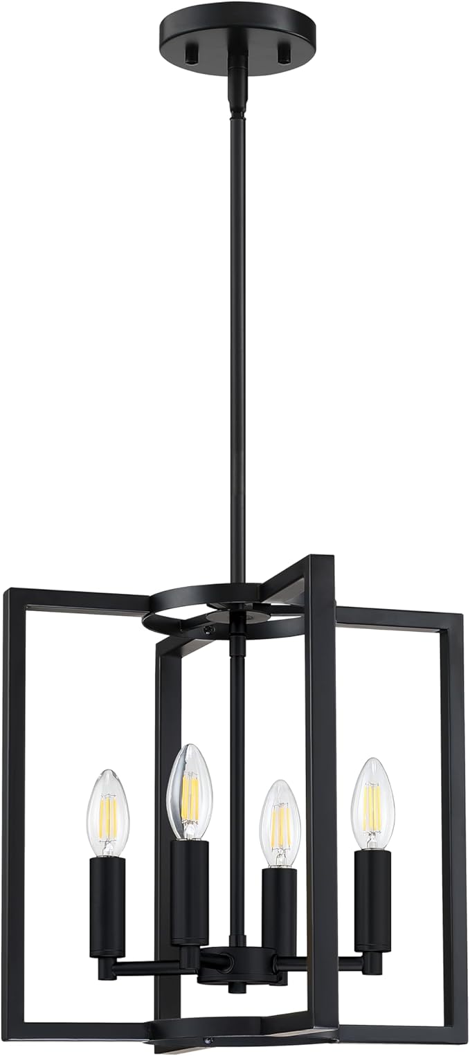 Leading Lighting 4 Light Rustic Kitchen Island Farmhouse Hanging Chandelier Light Fixture,with Black Finish Metal Frame for Entryway Dinning Room Bedroom