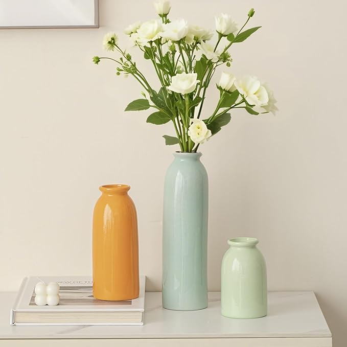 10.4 inches Tall Decorative Ceramic Vase Set, 3 Pieces, Nordic Modern Boho Style, White, for Home Decor (Colorful)