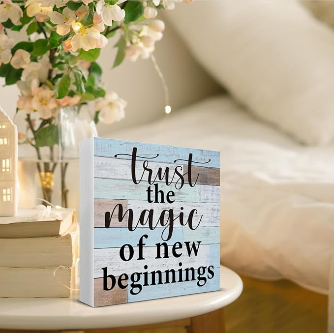 Trust the Magic of New Beginnings Wooden Box Sign Desk Decor, Inspirational Quote Wood Box Sign for Home Office Shelf Table Decoration 5 X 5 Inch