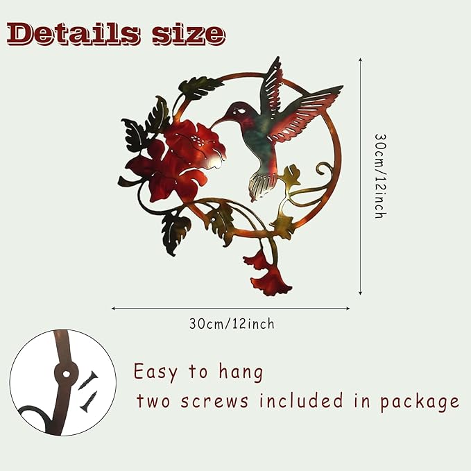 Zoihet Round Metal Bird Wall Art Decor - Hummingbird Wall Art Silhouette for your patio, garden, and fence Art Decor, Bird Wall Silhouette Indoor and Outdoor Hanging (Red)