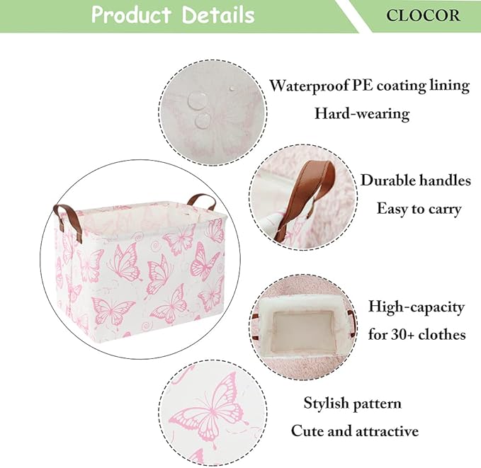 CLOCOR Rectangular Pink Basket, Collapsible Storage Bin, Waterproof Storage Box with Handles, Gift Organizer, Shelf Basket(Pink Butterfly)