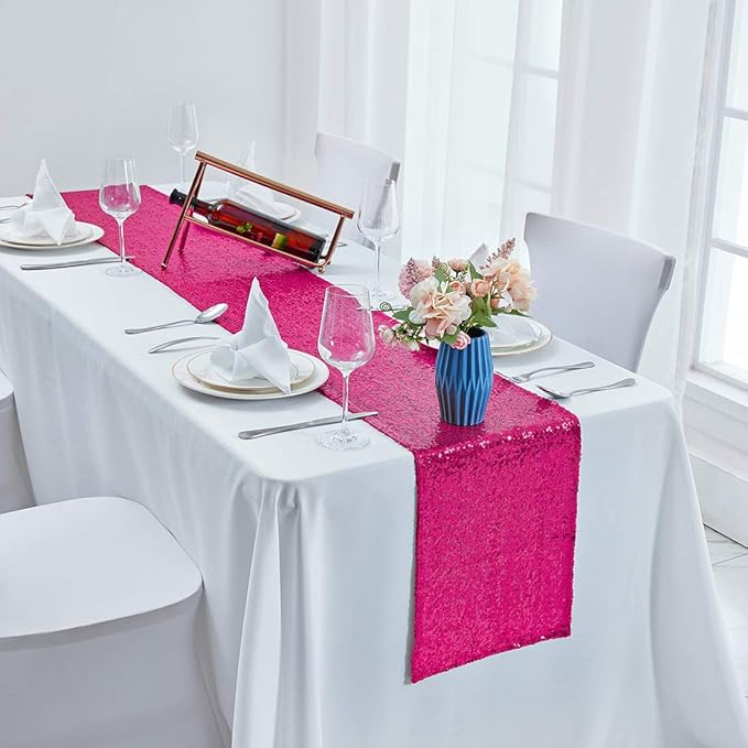 10 Packs 12 x 108 inches Hot Pink Sequin Table Runner, Glitter Fuchsia Table Runner for Wedding Birthday Bachelorette Holiday Party Supplies Decorations Bridal Shower Baby Shower