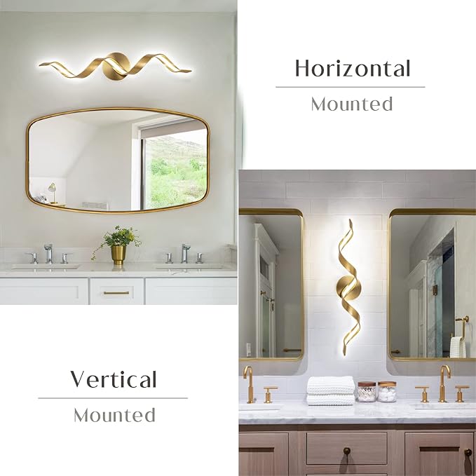 Dimmable Gold Bathroom Light Fixtures, 24 inch Spiral Design Modern LED Bathroom Vanity Lights Over Mirror, 15W Wall Light Fixtures for Living Room Cold White 6000K