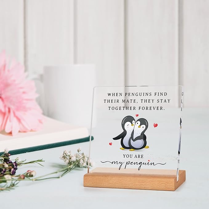 SteadStyle Gifts for Him Her Boyfriend Girlfriend, Romantic Acrylic Plaque Penguin Present, Wedding Anniversary Birthday Gifts for Women Men, Christmas I Love You Gift for Couples Wife Husband