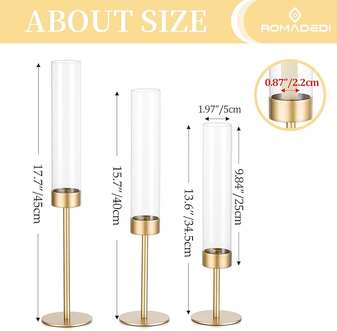 Glass Hurricane Candlestick Holders Gold - Romadedi Taper Candle Holder Tall Clear Glass Cylinder Table Centerpiece Wedding Decor Party Birthday Christmas Home Decorations Set of 3