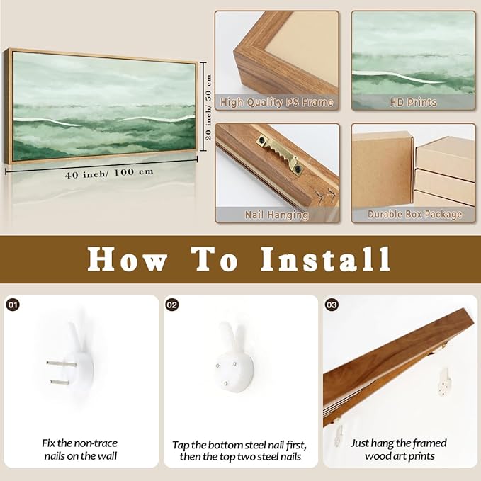 Large Green Wall Art 20x40 Inch Green Abstract Wall Decor Framed Neutral Painting for Living Room Bedroom Dining Room