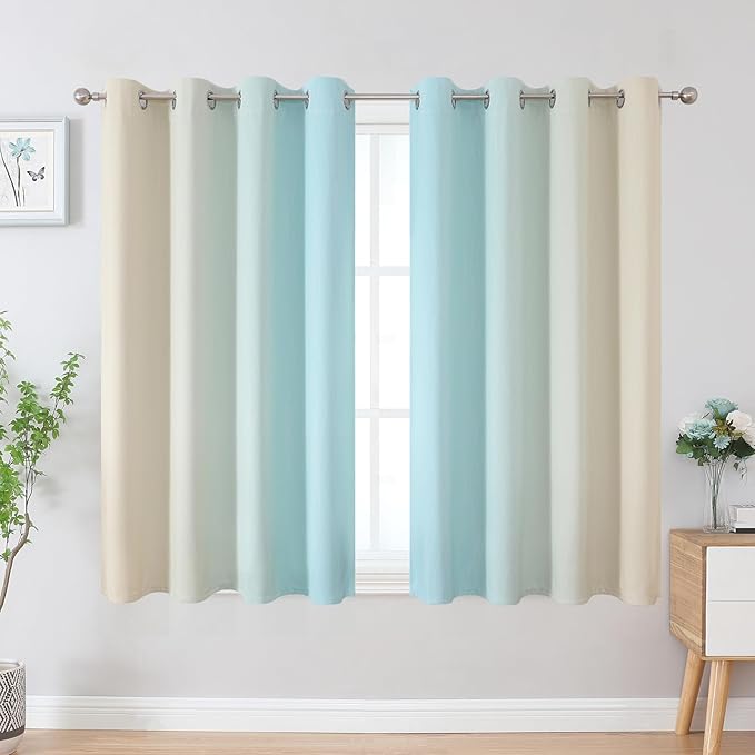 Estelar Textiler Aqua and Beige Blackout Curtains 45 Inch Length, Light Blocking Gradient Drapes for Kitchen, Thermal Insulated Grommet Ombre Curtains for Bathroom,52Wx45L,2 Panels