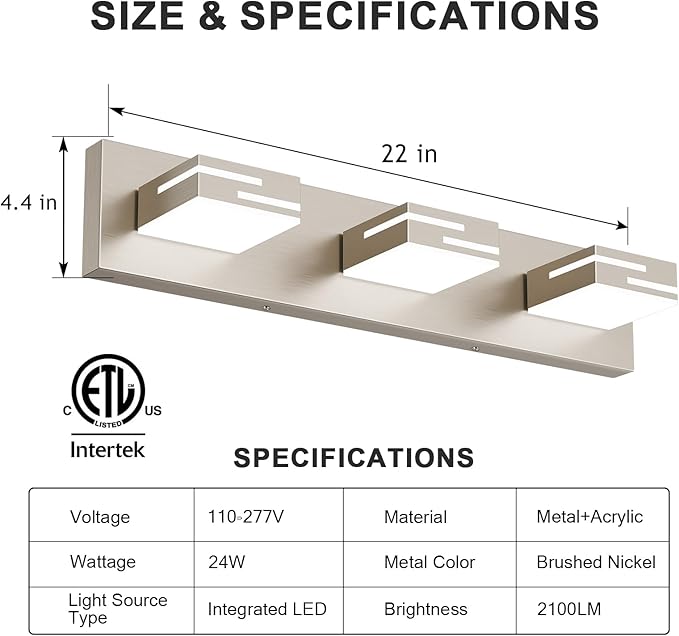 LED Modern Bathroom Vanity Light Fixtures, 3-Light 22-inch Dimmable Brushed Nickel Vanity Lights for Bathroom Lighting Fixtures Over Mirror, with 350° Rotatable Acrylic Heads (Cool White 6000K)