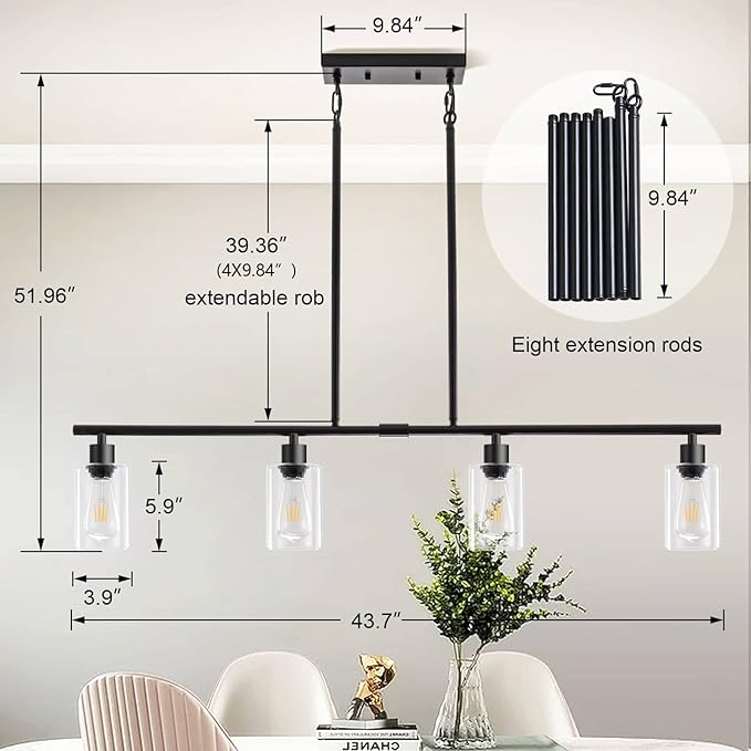 Kitchen Island Lighting, 4 Lights Linear Chandeliers Pendant Light Fixtures for Dining Room Farmhouse Hanging Light with Glass Shades(Black)