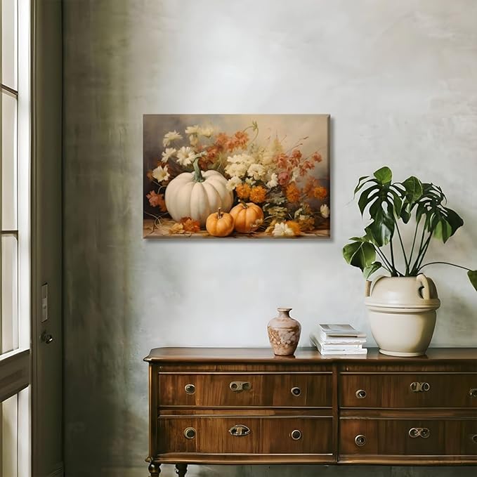 Fall Canvas Wall Art Rustic Pumpkin Posters Fall Pictures Print Dark Cottagecore Thanksgiving Wall Decor for Home Living Room 12x18inch Unframed