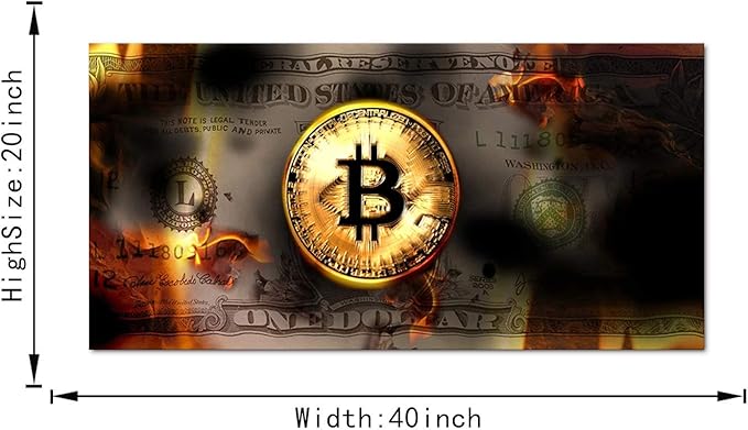 Office Artwork Wall Decor Motivational Burning Bitcoin and Dollars Creative Artwork Office Modern Home Wall Art Work Positive Money Canvas Wall Pictures Posters for Study Room Gym Framed-40"Wx20"H