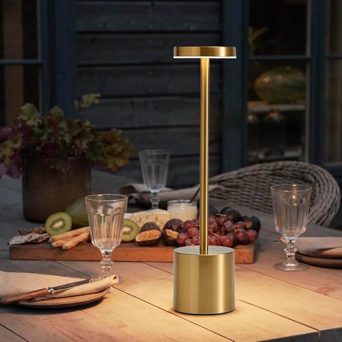 2 Pack LED Cordless Table Lamp, Portable 5000mAh Rechargeable Bedside Lamp, Touch Control Outdoor Table Lamps, 3 Color Dimmable Battery Operated Lamps for Restaurant/ Patio/ Bedroom/ Outdoor - Gold
