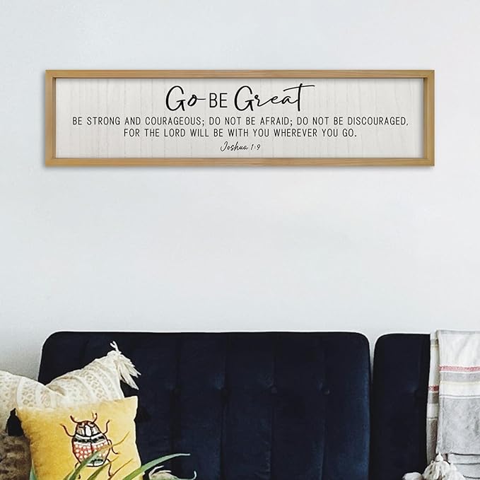 ZZJJHYWGQ Bible Verse Wall Decor Joshua 1:9 Sign 32"×8" Scripture Go Be Great Inspirational Quotes Rustic Christian Plaque Wood Framed Faith Farmhouse Catholic Living Room Wall Art Hanging (Wood)