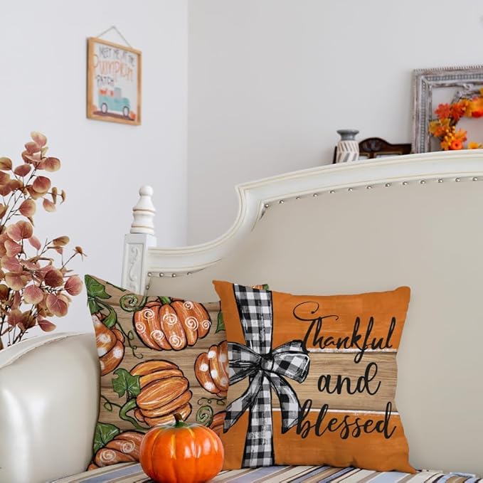 GEEORY Fall Pillow Covers 18x18 Inch Set of 4, Pumpkin Thankful and Blessed Striped Fall Pillows Decorative Throw Pillow Autumn Farmhouse Cushion Cases for Home Decoration