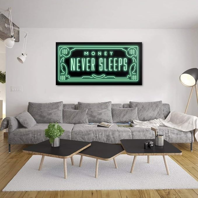 Office Artwork Wall Decor with Inspiring Quote - Money Never Sleeps Motivational Wall Art Modern Home Decor Green Kitchen Pictures 1 Panels Large Artwork for Wall Framed Ready to Hang - 48" x 24"