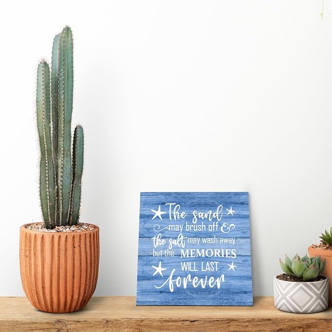 Beach Wood Sign, “The Sand May Brush Off the Salt May Wash Away but the Memories Will Last Forever”, Wooden Plaque Table Art Sign, Ocean Theme Home Decorations, Coastal House Decor, Family Sign D