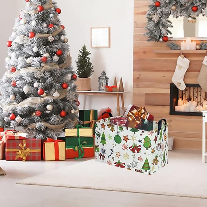 CLOCOR Rectangular Christmas Basket,Cute Pattern Christmas Gifts Basket Empty,Waterproof Christmas Storage Box with Handles,Kids Room Decor(Gift Basket)