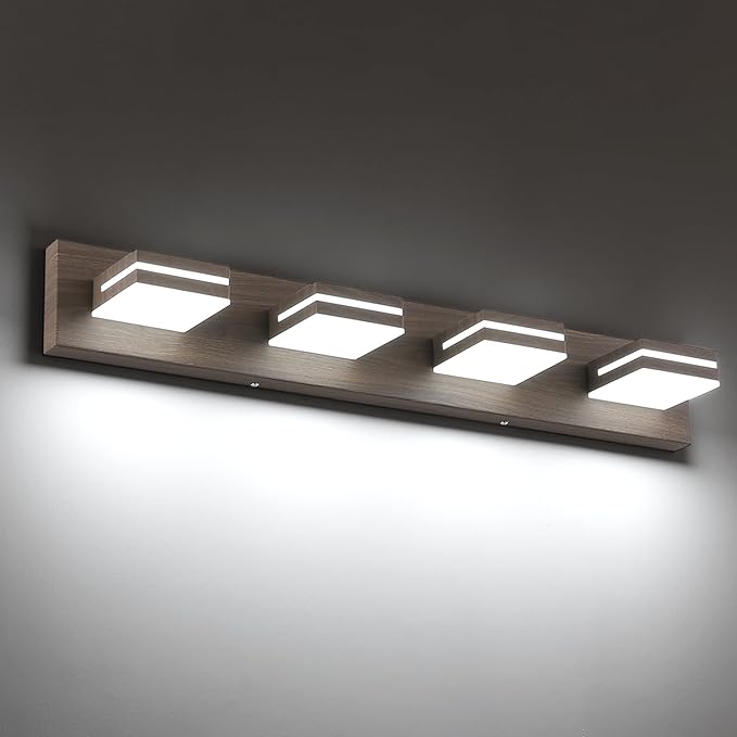 SineRise LED Modern Bathroom Vanity Light Fixtures (4-Light, 30-Inch, Dimmable), Brown Wood Painted Modern Acrylic Bathroom Wall Lighting Fixtures Over Mirror (Cool White 6000K)