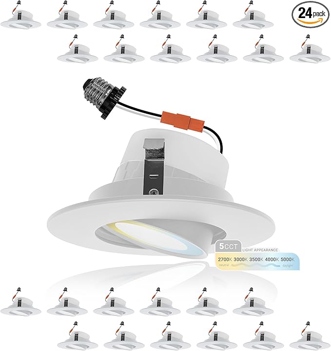 NUWATT 24 Pack Retrofit 4 Inch Gimbal LED Recessed Light White Trim, High Lumen, 750lm, 10W, 5CCT 2700K/3000K/3500K/4000K/5000K Selectable, Dimmable, Adjustable Lens Eyeball Downlight, ETL Listed