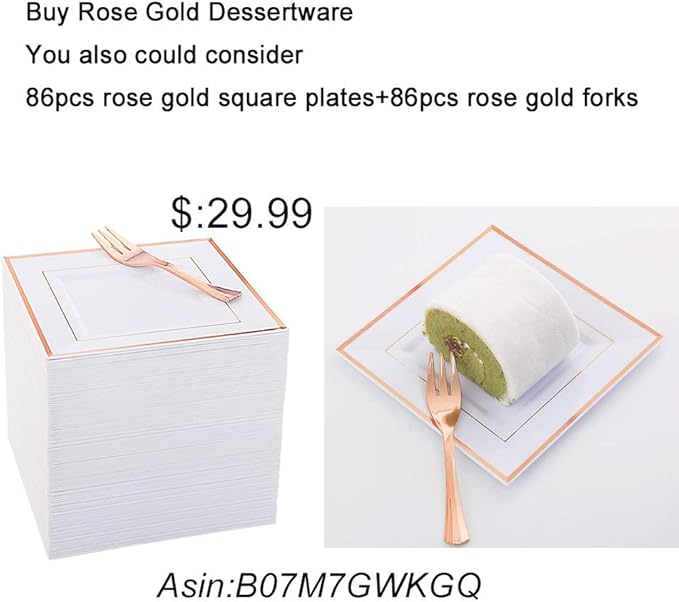 WDF-125PCS Rose Gold Plastic Silverware&Disposable Plastic Plates - Disposable Plates include 25 Dinner Plate,25 Salad Plate,25 Forks, 25 Knives, 25 Spoons for Wedding, Party