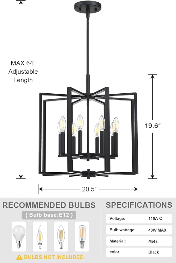 Leading Lighting 8 Light Farmhouse Chandelier Hanging Light Fixture Rustic Kitchen Island Lighting with Black Metal Frame for Entryway Dinning Room Bedroom