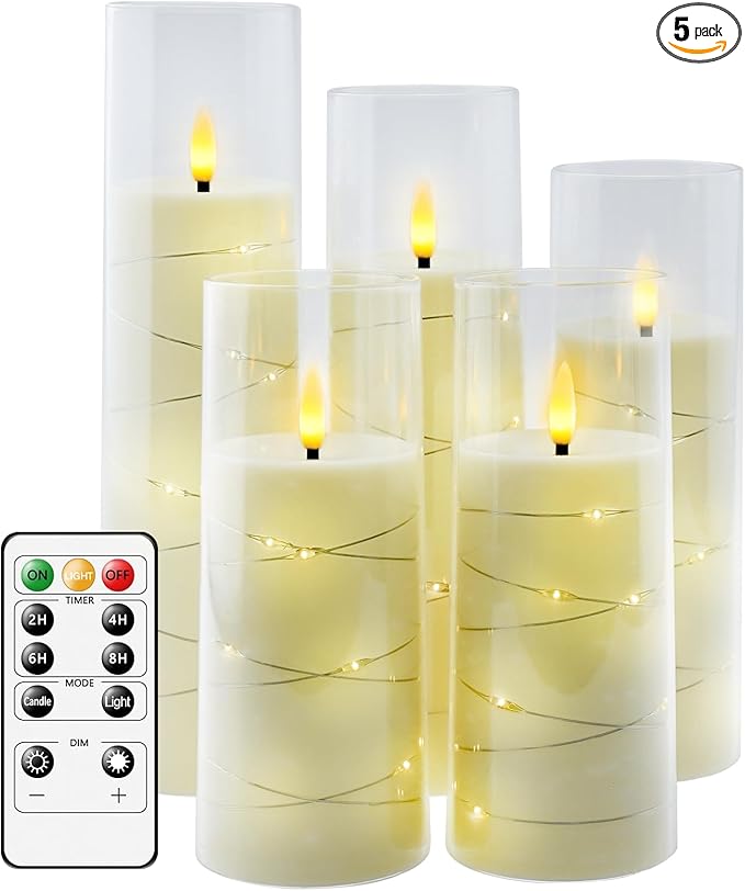 Flameless LED Candles with Timer 5 Pc Flickering Flameless Candles for Romantic Ambiance and Home Decoration Stable Acrylic Shell,with Embedded Star String,Battery Operated Candles(Ivory)
