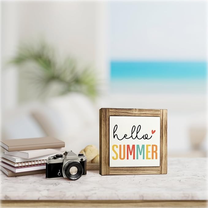 Hello Summer Sign, Wood Box Sign Desk Decor, Front Door Decoration for Shelf, Colorful Summer Decoration Signs for Home, Farmhouse Home Decors, Rustic Tabletop Decor Signs 5.9×5.9inches