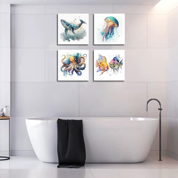 Colorful Marine Life Canvas Wall Art for Bathroom Decor, Green Jellyfish Picture Print, Watercolor Fish Artwork Sea Life Blue Orange Octopus Painting Poster for Bedroom Living Room Decoration 16"x16"