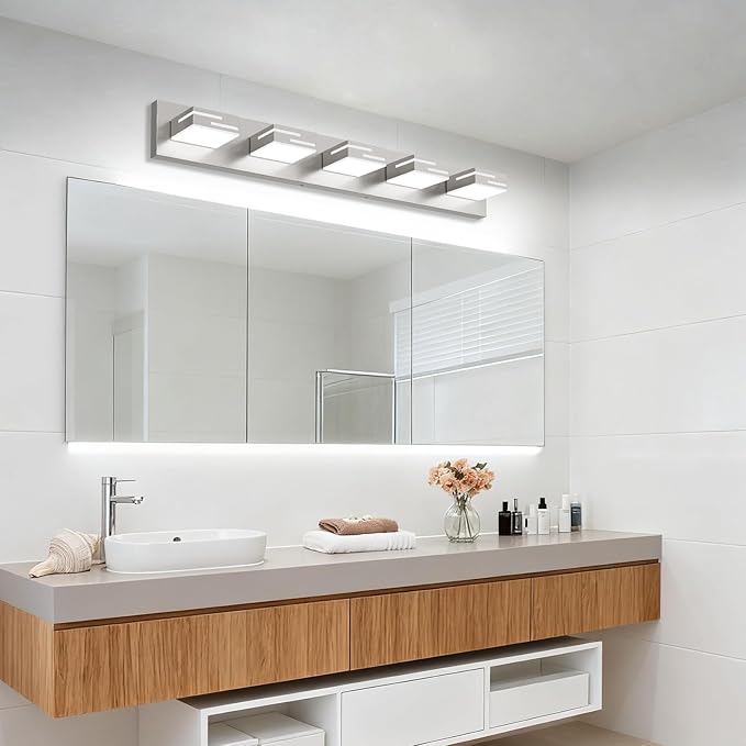LED Modern Bathroom Vanity Light Fixtures, 5-Light 34-inch Dimmable Brushed Nickel Vanity Lights for Bathroom Lighting Fixtures Over Mirror, with 350° Rotatable Acrylic Heads (Cool White 6000K)