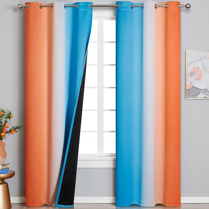 Thermal Insulated Blue and Orange Curtains for Living Room, Complete Light Blocking Ombre Blackout Curtains for Bedroom, Full Room Darkening Gradient Grommet Drapes for Boy Room, 42x84 Inch, 2 Panels