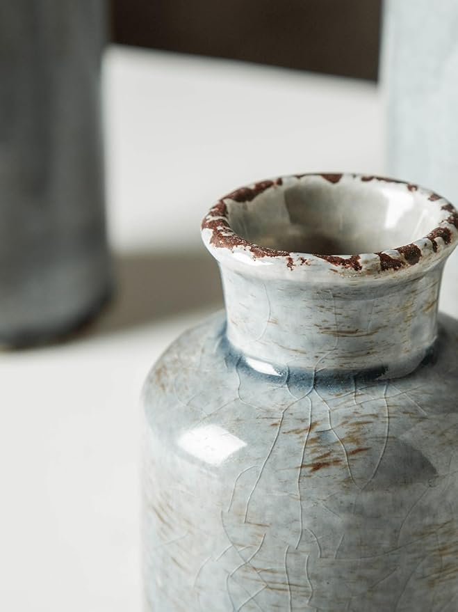 CwlwGO- Ceramic Rustic Vintage Blue Vase, Suitable for Home Decoration, 3 Piece Set of Glazed Decorative Vases, Kitchen, Bedroom.Living Room Table,Shelf Decorations.