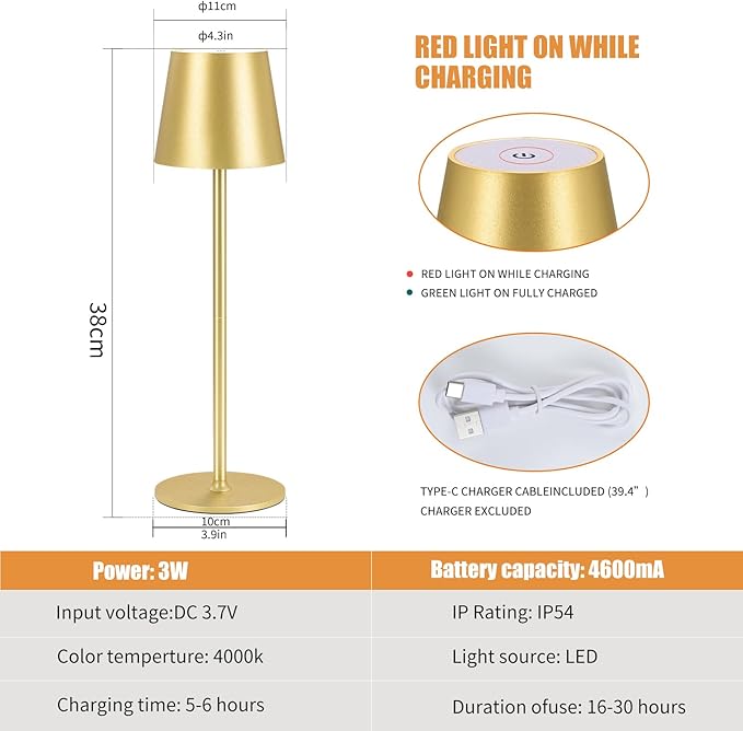 Cordless Table Lamps USB Rechargeable Simplicity Desk Lamp Built-in 4600 mAh Battery LED Battery Operated lamp with Touch Control Table lamp - Bedroom/Desk/Reading/Patio(2Pcs-Gold)