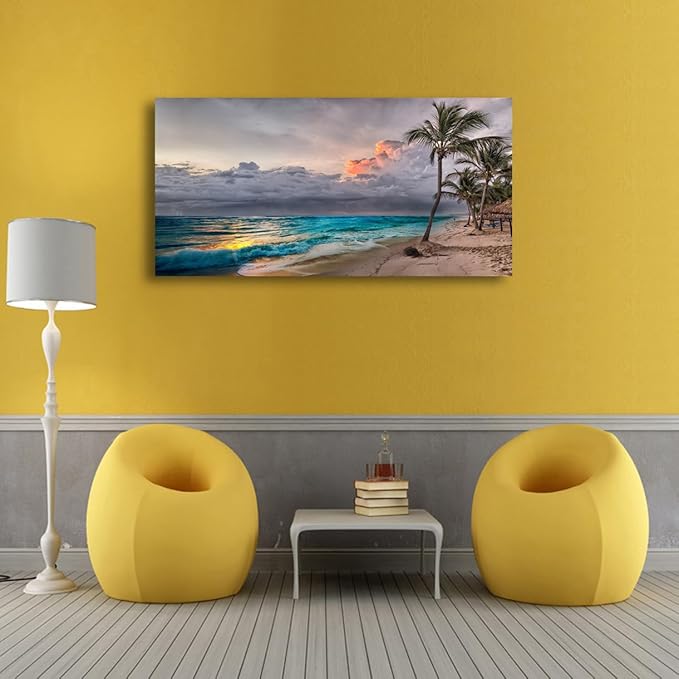 Beach Pictures Wall Art Canvas Prints Seascape Poster Bathroom Decor Blue Ocean Green Tree Painting for Living Room Bedroom Home Kitchen Decoration 28x57 Wooden Frame Natural Landscape Artwork