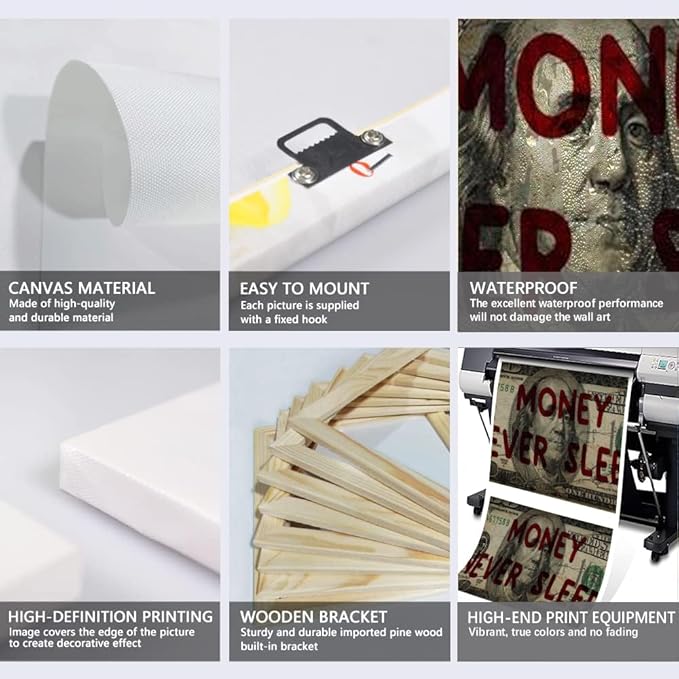 Canvas Money Wall Art Money Never Sleeps Inspirational Dollar Artwork Poster Canvas Painting Framed Ready to Hang-40x20 inches