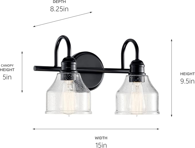 KICHLER Avery 15" Bathroom Vanity Industrial 2 Light Wall Fixture with Clear Seeded Glass in Black, for Bathroom (8.25" x 15" x 9.5") 45972BK