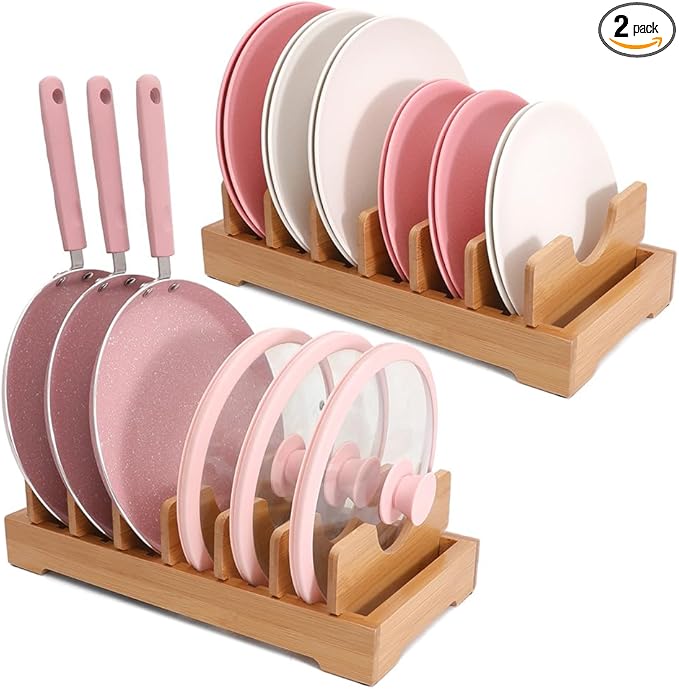 Bamboo kitchen storage rack - adjustable lid rack, suitable for cabinet storage, perfect for pots, pans, cutting boards, baking pans, plates, etc- Keep the kitchen clean and tidy