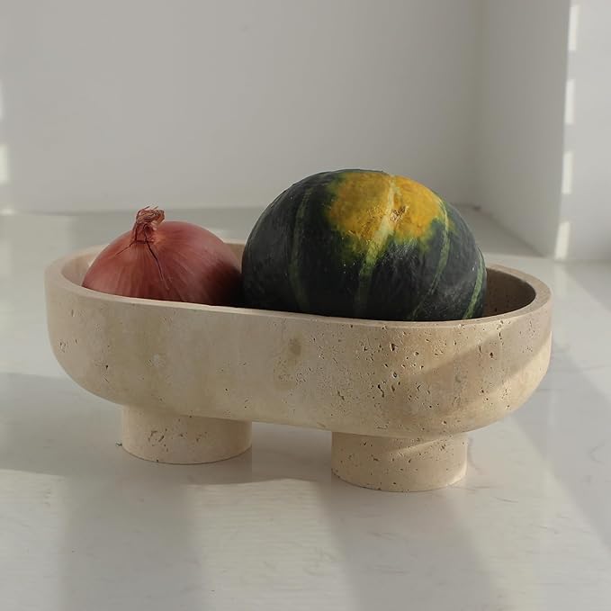 Natural Oval Travertine Fruit Bowl for Kitchen Counter 10", Large Decorative Bowl Two-Legs for Home Decor, Fruits Holder For Dining Table - Kitchen Organization
