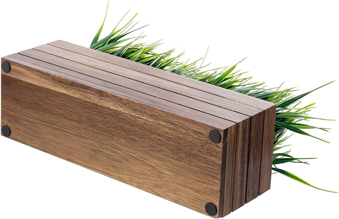 MyGift 14 Inch Artificial Green Grass Plant in Solid Acacia Wood Planter Window Box, Faux Greenery in Decorative Rectangular Crate Style Wooden Container