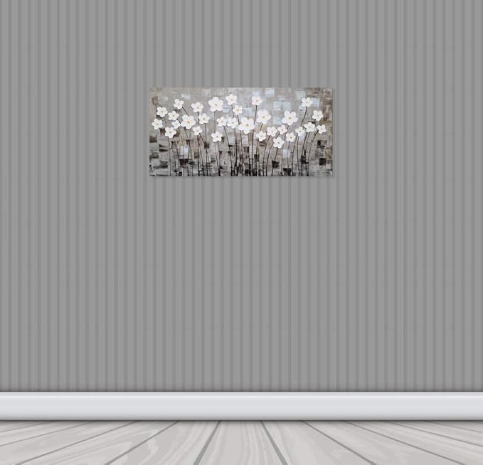 Yihui Arts Flower Canvas Wall Art Hand Painted Large 3D Grey and White Paintings Modern Abstract Aesthetic Pictures Artwork for Living Room Bedroom Kithchen Decoration