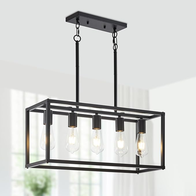5-Light Kitchen Light Fixtures Black Farmhouse Chandelier Rectangular Dining Room Light Fixture Linear Pendant Lighting Hanging Lights for Kitchen Island Living Room Adjustable Height E26