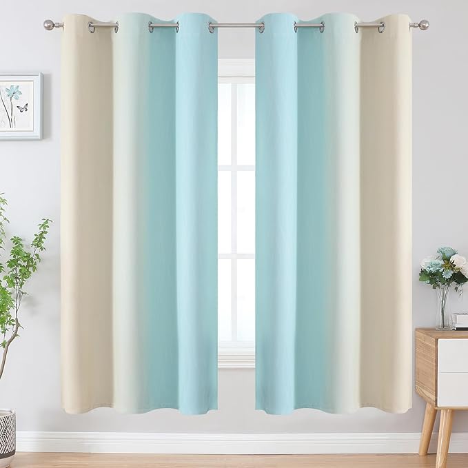 Estelar Textiler Aqua and Beige Ombre Blackout Curtains 72 Inches Length for Bedroom, Thermal Insulated Light Blocking Grommet Gradient Blackout Drapes for Living Room, 42Wx72L, 2 Panels