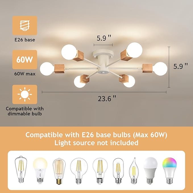 Boho 6-Light Sputnik Chandelier Semi Flush Mount Ceiling Light Fixture Farmhouse Wood and White Ceiling Lamp for Dining Room Living Room Bedroom Kitchen