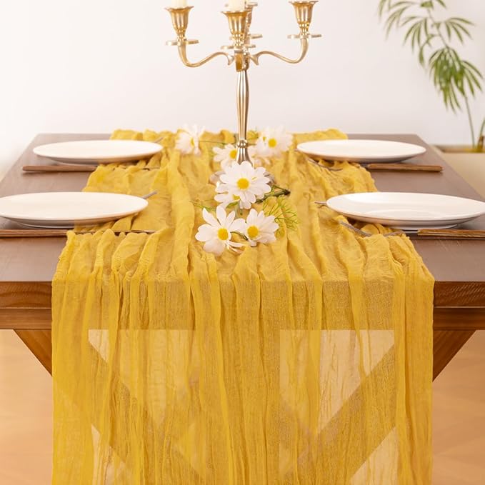 Socomi Gold Yellow Cheesecloth Table Runner Fall Thanksgiving Boho Rustic Gauze 120 inch 10FT Cheese Cloth Runner for Wedding Party Baby Shower Birthday Home Decor Holiday Decorations
