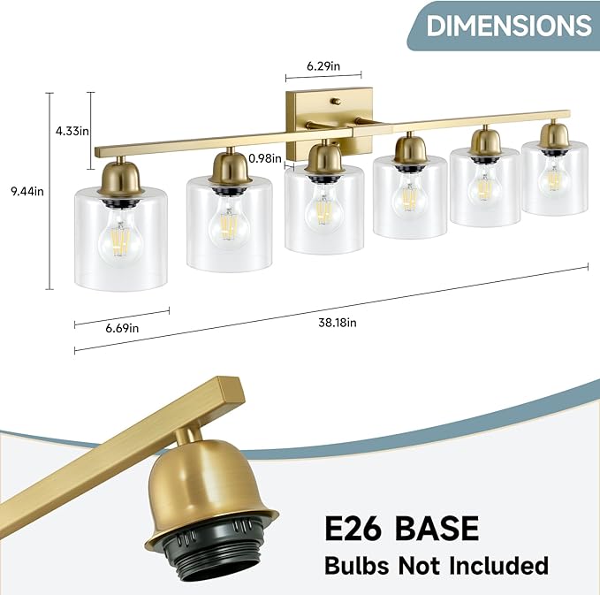 6 Light Gold Bathroom Vanity Light, Gold Vanity Lights for Bathroom with Clear Glass, 38 inch Wall Lamp for Oversized Mirrors Living Room Bedroom Hallway E26 Base
