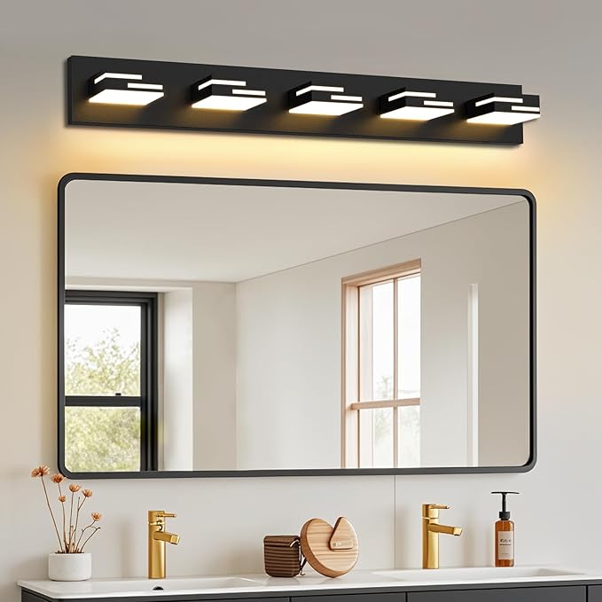 LED Modern Bathroom Vanity Light Fixtures 5-Light 5CCT Dimmable Matte Black Vanity Lights for Bathroom Lighting Fixtures Over Mirror, with 350° Rotatable Acrylic Heads, 34-inch