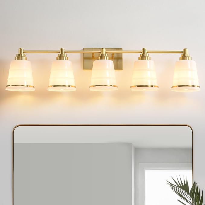 Gold Bathroom Vanity Light Fixture, 5 Light Bathroom Light Fixtures Over Mirror with Milky White Glass and Metal Base Wall Sconce, 37 inch Modern Vanity Light for Bathroom(Exclude E26 Bulb)