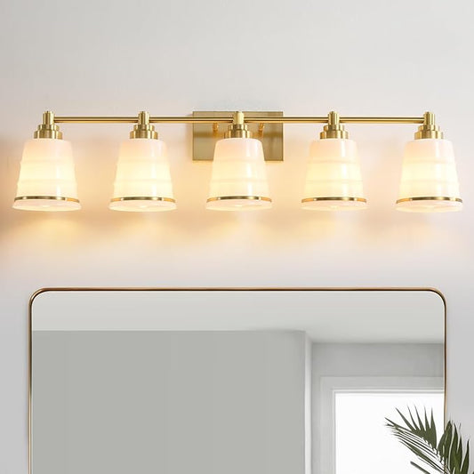Gold Bathroom Vanity Light Fixture, 5 Light Bathroom Light Fixtures Over Mirror with Milky White Glass and Metal Base Wall Sconce, 37 inch Modern Vanity Light for Bathroom(Exclude E26 Bulb)