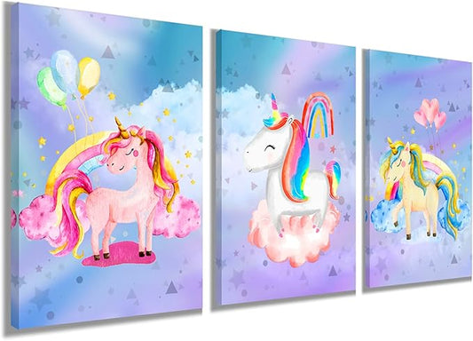 YUANAND Unicorn Wall Art Girl's Bedroom Decor - Rainbow Canvas Pictures for Kids Nursery Home Decor - Watercolor Framed Posters Paintings