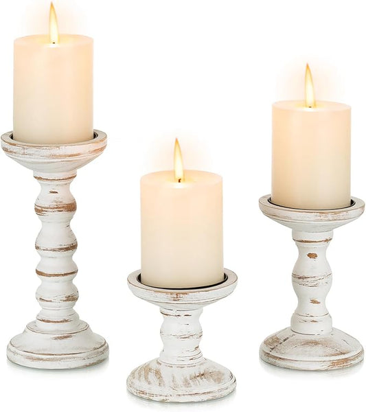 Wood Candle Holders for Pillar: Rustic Candles Holder Set of 3 Tall Table Centerpiece Decor Wooden White Farmhouse Decorations for Fireplace Mantle